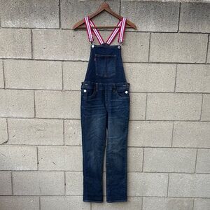 Denim Overalls with Red Striped Straps